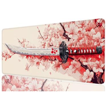 Imagem de Mouse pad estendido com corte katana japonês flor de cerejeira anime mousepad GG grande para jogos mouse pad laptop teclado mesa escritório computador teclado laptop casa, 31,5 x 11,8 polegadas