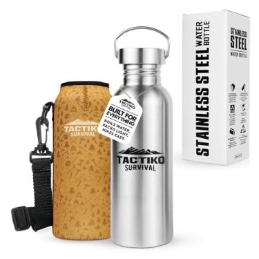 Imagem de Tactiko Survival Garrafa de água de boca larga de aço inoxidável, segura para ferver de parede única, à prova de vazamento, livre de BPA com manga de transporte e alça para acampamento, caminhada