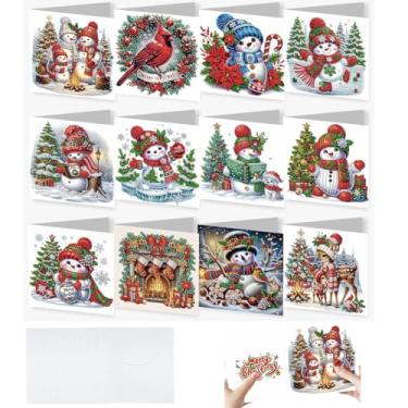 Imagem de Zyvoreva 12 peças de cartões comemorativos de arte de diamante de boneco de neve de Natal com envelopes, kit de cartões comemorativos de pintura de diamante para adultos DIY Holiday (vermelho)