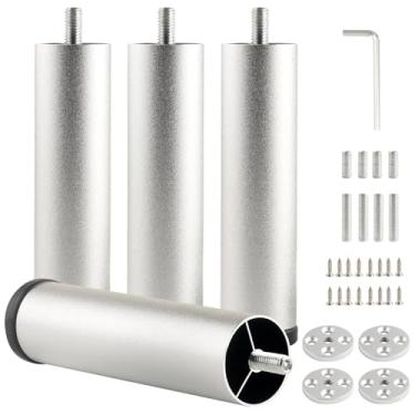 Imagem de funifiti Conjunto de 4 pernas de armário cilíndricas prata 15 cm de liga de alumínio para sofá, cômoda, mesa de cabeceira, suporte de tv e acessórios de substituição de cama de metal para móveis de