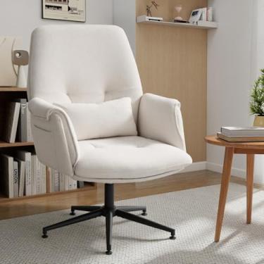 Imagem de Cadeira de tecido para escritório em casa, cadeiras de mesa com encosto alto sem rodas, cadeira cruzada com pernas cruzadas com apoios de braços, cadeira de trabalho de computador com assento largo