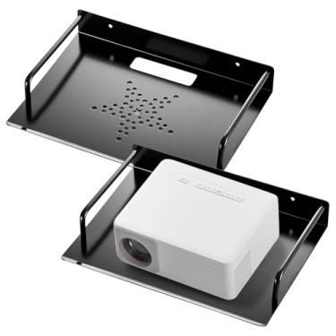 Imagem de Conjunto de prateleira de parede com projetor duplo, suporte Av resistente, alumínio preto com ventilação em estrela para resfriamento ideal e gerenciamento de cabos