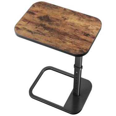 Imagem de Bandeja de TV marrom com altura ajustável de 9 níveis, canto dobrável e cantos de metal arredondados, mesa lateral de sofá em forma de C para sofá, cama, cadeira, sala de estar, mesa de lanche para