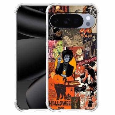 Imagem de Nsyosio Capa de abóbora de Halloween para Google Pixel 10/10 Pro, elementos de terror caveira bruxa, colagem, capa de telefone de TPU macio na moda, px10