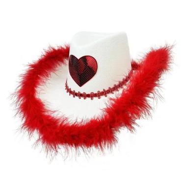 Imagem de Chapéu de cowboy rosa em forma de coração com penas vermelhas para o D