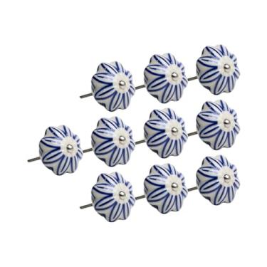 Imagem de 10 Puxador Cerâmica Abóbora Floral Gaveta Armário Colonial (Branco/Azul - MPPON138)