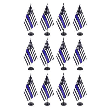 Imagem de JBSJBS Bandeira de mesa de linha azul fina EUA 30,5 cm conjunto de luxo bandeiras da polícia dos EUA mini bandeiras de mesa de escritório militar pequenas com base de suporte preto decorações de mesa