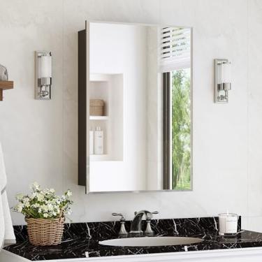 Imagem de MemoCastle Armário de remédios preto para banheiro com espelho – Armário moderno de alumínio com espelho de banheiro de 50,8 cm x 66 cm com porta chanfrada sem moldura, suporte embutido ou em