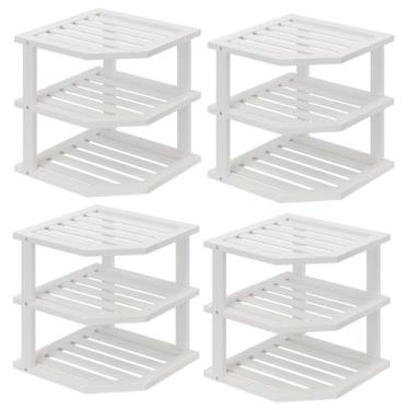Imagem de VERTORGAN Prateleira de canto de bambu de 3 camadas (pacote com 4), escorredor de louça, organizador de pratos, suporte de especiarias de cozinha para bancada e armário (branca)