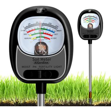 Imagem de AiGerdinn Kit de teste de solo 4 em 1, medidor de umidade do solo/luz/fertilidade/medidor de pH do solo para jardinagem, sem necessidade de bateria, higrômetro de planta de solo, testador de solo para