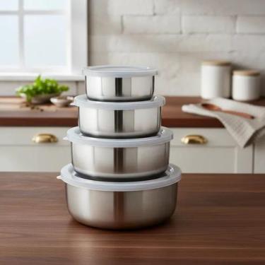 Imagem de Jogo Conjunto Tigela Aço Inox 4 Peças Potes Bowl Com Tampa - Clink