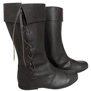 Imagem de AnNafi Botas de couro medieval | Botas masculinas de pirata viking renascentista | Preto/Marrom, Tamanho 8-12, com cadarço, formal, casual, cosplay, fantasia de equitação SCA LARP, Preto, Large