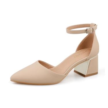 Imagem de BCTEX COLL Sandália feminina com bico fino e tira no tornozelo, salto baixo, com forro de metal, projetada para mulheres, Nude nobuck, 36 BR