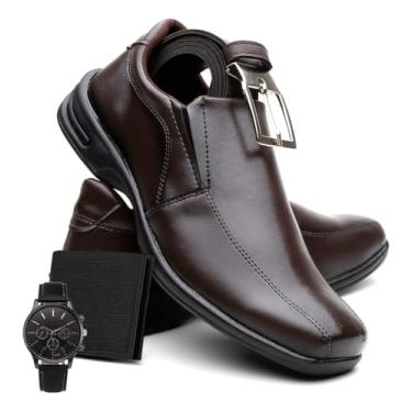 Imagem de Kit Sapato Social Masculino Ortopédico Couro Legítimo Máximo Conforto Com Cinto Carteira e Relógio Para Trabalho Festa e Casamento (Marrom/Calçar, BR, Adulto, Numérico, 43)