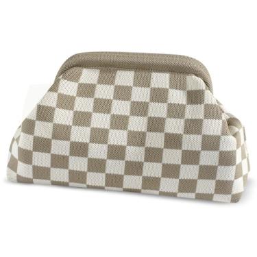 Imagem de bohunono Bolsas clutch de tecido para mulheres, bolsa de praia de verão para férias, bolsa de bolinho listrada de tecido, bolsa de crochê para noite, J-lgy_bge-checkered, Large