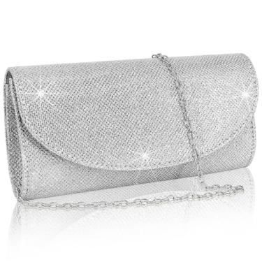 Imagem de FHLIASM Bolsa de mão para noite, bolsa de mão brilhante para mulheres, bolsa de ombro transversal, envelope para festa de casamento, coquetel, formatura, Prata, Compact