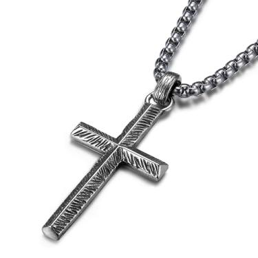 Imagem de MUSECLOUD Colar masculino com cruz de prata esterlina 925 - Pingente de cruz esculpida oxidada com corrente de caixa de aço inoxidável, vintage, exclusivo crucifixo, joias de prata para homens e
