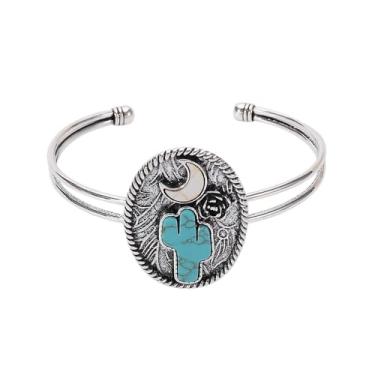 Imagem de Dtja Pulseira feminina Boho Oval Turquesa Cacto Flor Lua Aberta Ajustável Boêmio Western Cowgirl Pulseira de Pulso Acessórios de Moda Joias, Medium, Sem Pedra Preciosa