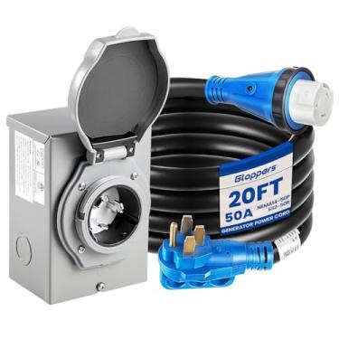 Imagem de Gloppers Cabo de gerador de 50 amp, caixa de entrada de energia, cabos de extensão de gerador de 20 pés 50 amp, cabo de alimentação do gerador 125 V/250 V NEMA14-50 P/SS2-50R conector de trava de torção