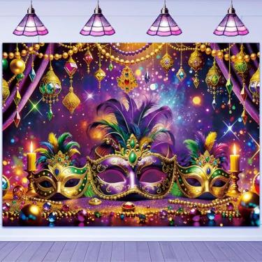 Imagem de Decoração de festa de baile de máscaras de carnaval 25,4 x 2,3 m, máscara dourada roxa para fotografia de festa dançante para carnaval de carnaval, adereços fotográficos para festas noturnas