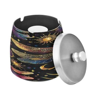 Imagem de Blueangle Cinzeiro de libélula arco-íris com tampa para cigarros, à prova de vento/chuva, aço inoxidável, sem fumaça, inodoro, cinzeiro para uso interno ou externo (520)