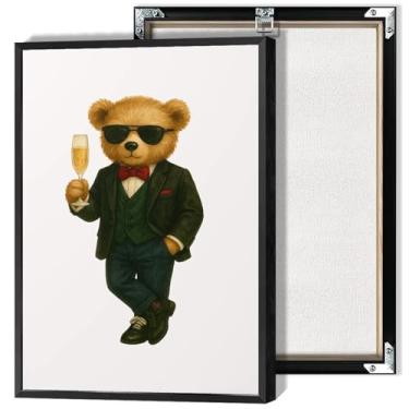 Imagem de Urso de pelúcia retrô urso em um terno levantando um vidro tela arte de parede engraçada abstrato animal decoração minimalista champanhe imagem impressão pintura para sala de estar quarto 30,5 x 40,6