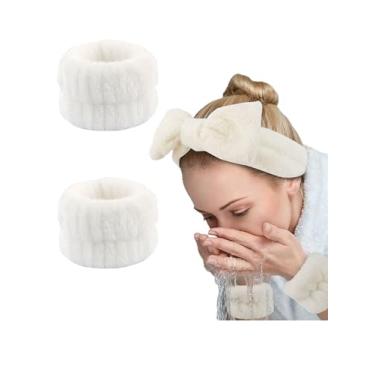 Imagem de Pulseiras para lavar o rosto, 2 pulseiras absorventes de microfibra para spa, toalhas elásticas de lavagem facial para mulheres e crianças (brancas)