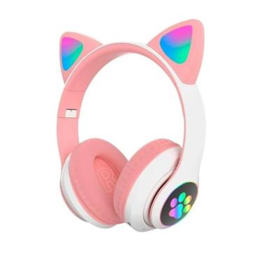 Imagem de Fone De Ouvido Com Orelha de Gatinho Infantil Headphone Bluetooth com Luzes RGB nas orelhinhas e patinhas para crianças tamanho ajustável dobrável (Rosa/Branco)