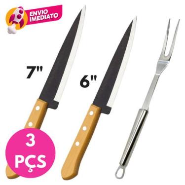 Imagem de Jogo Churrasco Garfo Trinchante Pegador Aço Inox e Faca 6 e 7 Polegada
