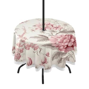Imagem de CEBUGI Toalha de mesa redonda para uso ao ar livre, vintage, floral, impermeável, com furo Umberlla, capa de mesa lavável para pátio, cozinha, sala de jantar, 152 cm