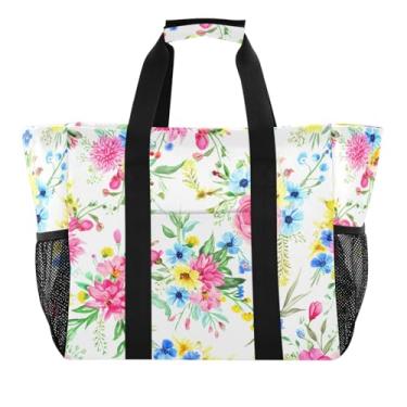 Imagem de Wassud Brightly Flowers Sacola de mercearia reutilizável grande bolsa organizadora de lona impermeável para praia, piquenique, lavanderia, viagem