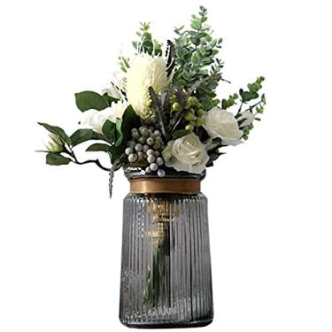 Imagem de YYBOES Vaso de vidro para flores, conjuntos de vasos para decoração, estilo europeu, leve, luxuoso, listrado, conjunto de decoração floral, sala de estar, sala de jantar, simulação de flor, flor