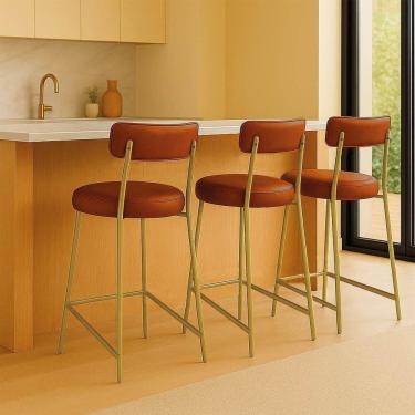 Imagem de Banqueta Cozinha Alta Com Encosto Industrial Dourado Kit 3 Londres Pu Nozes D03 - D`rossi