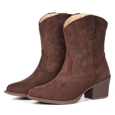 Imagem de IXU Botas caubói femininas cano curto cano curto bota clássica cano médio bico fino botas curtas grossas, Camurça café, 38