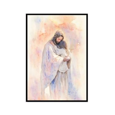 Imagem de Aquarela Jesus Retrato Deus Cristão Arte de Parede Cristo Impressão em Tela Pintura Imagens de Parede para Sala de Estar Decoração de Casa (SKU6,16x60 cm), Moldura Preta