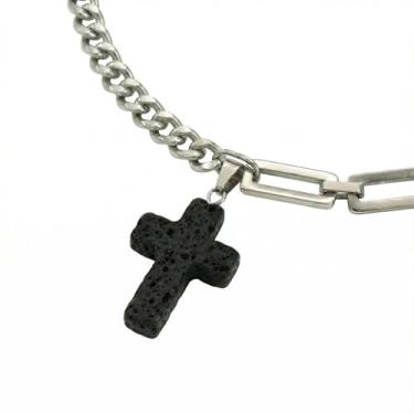 Imagem de DEPHINI Colar com cruz masculina com pedra vulcânica preta – corrente de elos mistos de aço inoxidável – cubana e clipe de papel – joia com pingente ajustável para ele