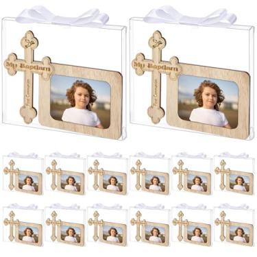 Imagem de Yookeer Conjunto de 12 porta-retratos de batismo, presentes de batismo católico, lembrancinhas de madeira para chá de bebê, caixa de presente e laços de fita de cetim para decoração religiosa de