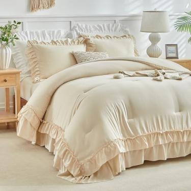 Imagem de Conjunto de edredom com babados bege, tamanho casal/Queen, 3 peças de edredom vintage chique, cor lisa, leve e fofo, para todas as estações (1 edredom com babados + 2 fronhas)