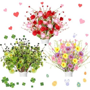 Imagem de Yuefunny 12 peças de hastes artificiais de flores vermelhas para o dia dos namorados, ramos do dia de São Patrício, ovos de Páscoa, palitos de frutas silvestres em forma de coração, trevo, folhas de