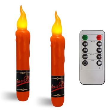 Imagem de NjaoHoo Velas curtas de outono de cera real LED sem chama, com controle remoto, castiçais laranja de 16,7 cm, sem gotejamento, operado por bateria, chama, rústico, primitivo, luzes sem chama