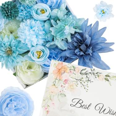 Imagem de Flores de seda azul, conjunto de caixa de flores artificiais com hastes para buquês de casamento, decoração de mesa central, arranjo floral, decoração de casa