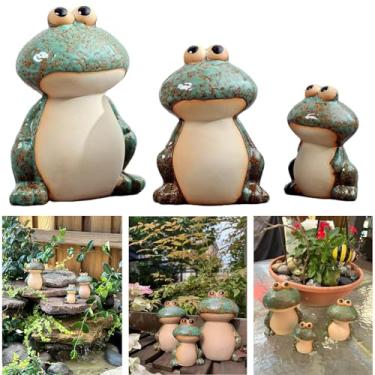 Imagem de DIY Hub Conjunto de 3 decoração de jardim de sapo de cerâmica - Enfeites engraçados de gramado de sapo fofo, estátuas de pátio de lago ao ar livre para quintal, varanda frontal, decoração de quintal