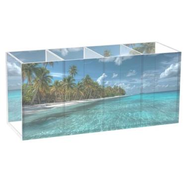 Imagem de TSENQUE Fun Tropical Beach Turquesa, acrílico, fofo, porta-lápis de mesa, copo de papelaria personalizado para canetas, suporte de arte, artesanato, material de escritório decorativo, mesa