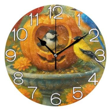 Imagem de GAIGEO Relógio de parede analógico decorativo quarto cozinha relógio estético silencioso sem tique-taque, decoração de sala de estar, arte moderna, pássaros de abóbora, arte laranja, 25 cm, ponteiros