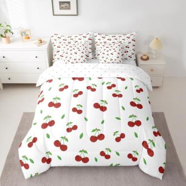 Imagem de jejeloiu Jogo de cama solteiro com estampa de cereja vermelha e cereja em uma bolsa para meninos, meninas, adolescentes, conjunto de cama com 7 peças