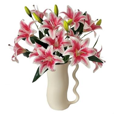 Imagem de 4 peças de flores de lírio rosa artificiais realistas (65,6 cm/65 cm) – pétalas de filme e hastes reforçadas com arame para decoração de casa/escritório/festa/casamento