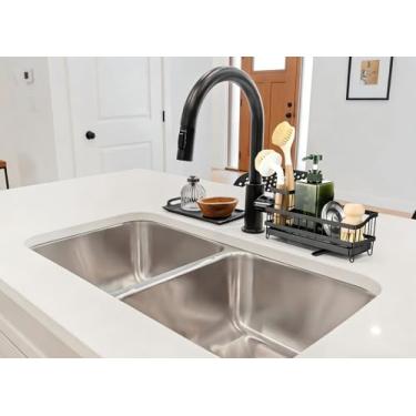 Imagem de OKITCHEN Organizador de pia com suporte de escova, suporte de esponja de bancada e dispensador de sabão, armazenamento de cozinha e acessórios de organização