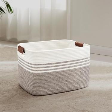 Imagem de SunNewt Cesto de lavanderia pequeno de 45 L com alças de couro para armazenamento na sala de estar, cesto de cestas de corda tecida para cobertor, brinquedo infantil, presentes, cesto de vime para