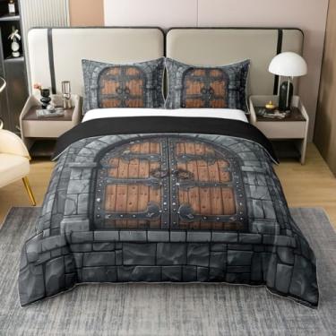 Imagem de Castle Walls Capa de edredom 100% algodão natural Queen Knight, capa de edredom de parede, temática medieval, conjunto de cama com tema medieval, 3 peças, decoração de quarto, edredom não incluído