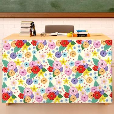 Imagem de Saia de mesa floral de primavera de 1,8 m, saia de mesa de professor, flores para sala de aula, para decoração de volta às aulas, toalhas de mesa para o primeiro dia de escola, escritório, estante de